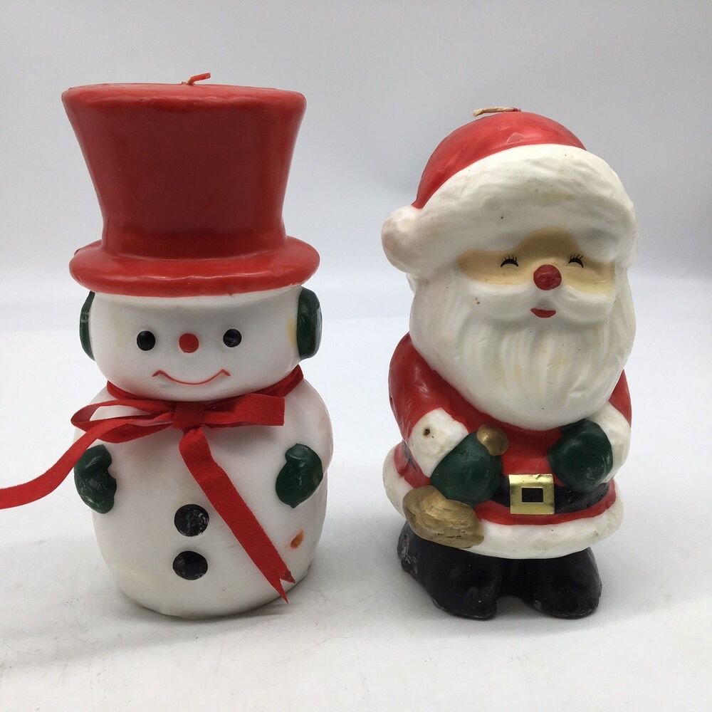 Vtg Snowman 7.75” And 7” Santa Claus Christmas Candles  Decoration Pair READ